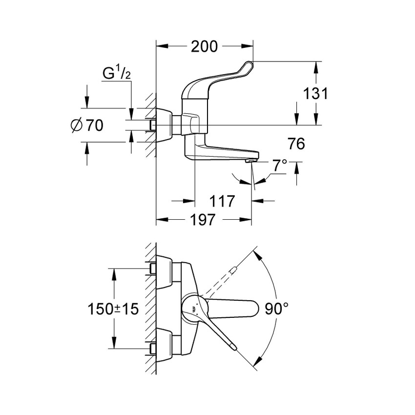 Immagine di Grohe EUROECO SPECIAL miscelatore monocomando P.18 cm, con movimento orizzontale, a parete, bocca girevole, dotato di limitatore di portata, finitura cromo 32792000