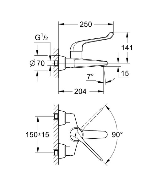 Immagine di Grohe EUROECO SPECIAL miscelatore monocomando P.20 cm, con movimento orizzontale, a parete, dotato di limitatore di portata regolabile, finitura cromo 32795000