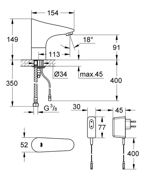 Immagine di Grohe EUROPLUS E miscelatore elettronico per lavabo, senza dispositivo di miscelazione, con comando ad infrarossi, risparmio idrico e limitatore di temperatura regolabile, finitura cromo 36016001