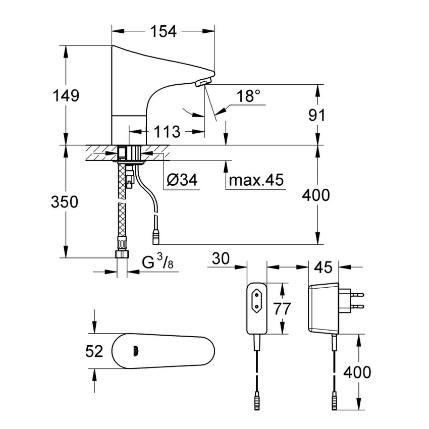 Immagine di Grohe EUROPLUS E miscelatore elettronico per lavabo, senza dispositivo di miscelazione, con comando ad infrarossi, risparmio idrico e limitatore di temperatura regolabile, finitura cromo 36016001
