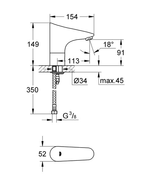 Immagine di Grohe EUROPLUS E miscelatore elettronico per lavabo, senza dispositivo di miscelazione, con comando ad infrarossi e limitatore di temperatura regolabile, finitura cromo 36208001
