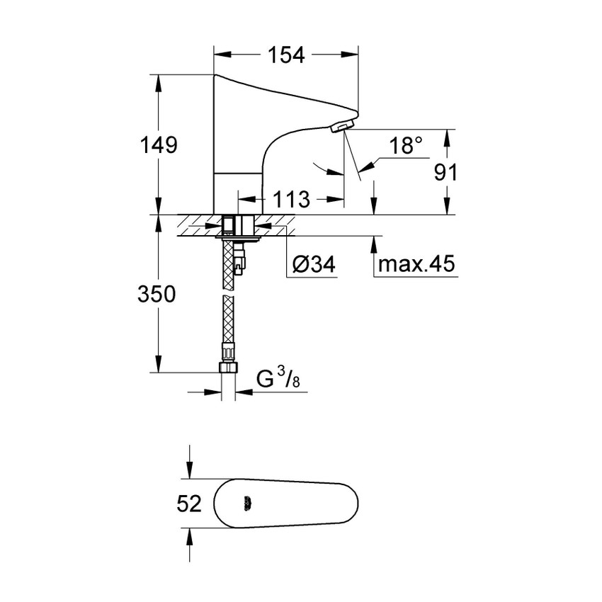 Immagine di Grohe EUROPLUS E miscelatore elettronico per lavabo, senza dispositivo di miscelazione, con comando ad infrarossi e limitatore di temperatura regolabile, finitura cromo 36208001