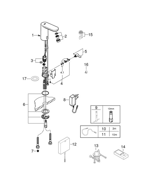 Immagine di Grohe EUROSMART COSMOPOLITAN E miscelatore elettronico H.13 cm per lavabo, senza scarico, con comando ad infrarossi e limitatore di temperatura regolabile, finitura cromo 36325001