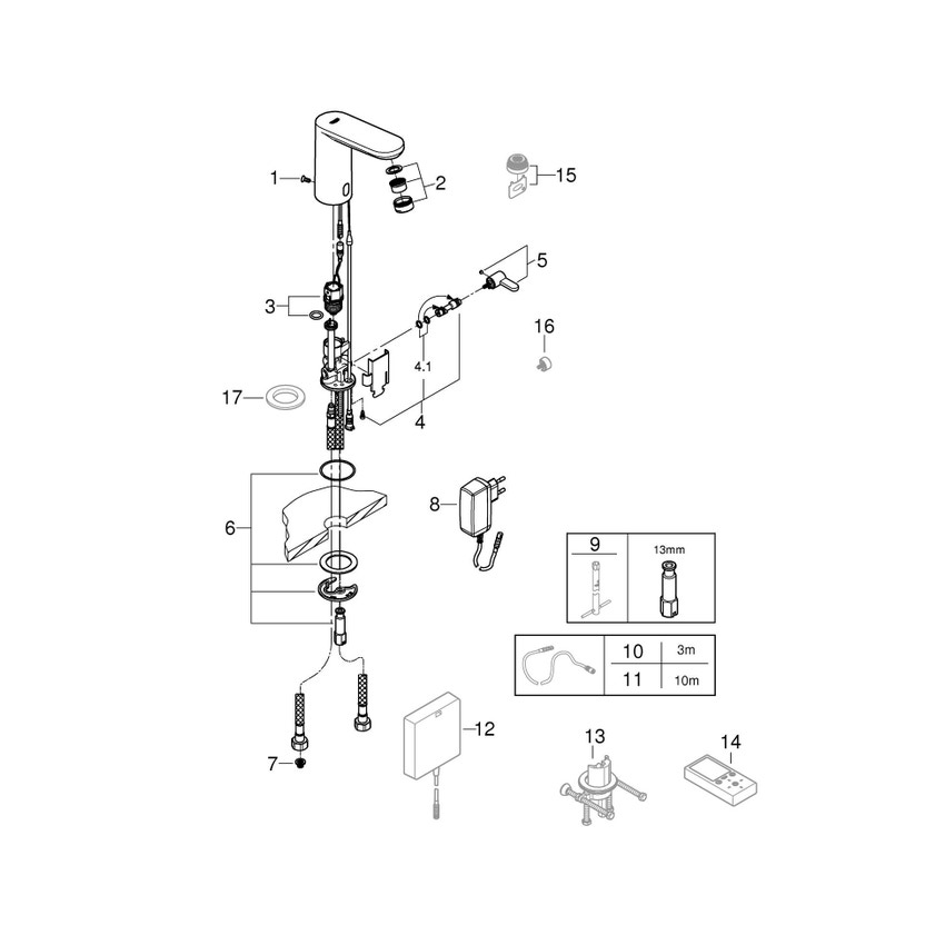 Immagine di Grohe EUROSMART COSMOPOLITAN E miscelatore elettronico H.13 cm per lavabo, senza scarico, con comando ad infrarossi e limitatore di temperatura regolabile, finitura cromo 36325001