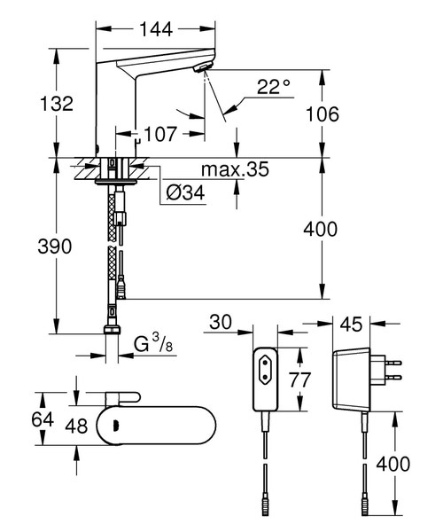 Immagine di Grohe EUROSMART COSMOPOLITAN E miscelatore elettronico H.13 cm per lavabo, senza scarico, con comando ad infrarossi e limitatore di temperatura regolabile, finitura cromo 36325001