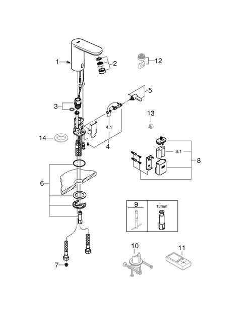 Immagine di Grohe EUROSMART COSMOPOLITAN E miscelatore elettronico H.13 cm per lavabo, senza scarico, con comando ad infrarossi, limitatore di temperatura regolabile e batteria esterna s, finitura cromo 36327001