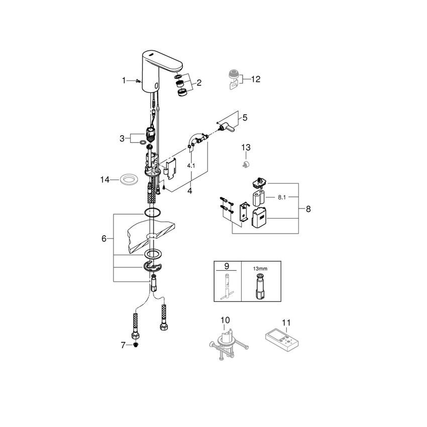 Immagine di Grohe EUROSMART COSMOPOLITAN E miscelatore elettronico H.13 cm per lavabo, senza scarico, con comando ad infrarossi, limitatore di temperatura regolabile e batteria esterna s, finitura cromo 36327001