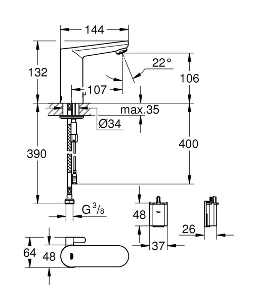 Immagine di Grohe EUROSMART COSMOPOLITAN E miscelatore elettronico H.13 cm per lavabo, senza scarico, con comando ad infrarossi, limitatore di temperatura regolabile e batteria esterna s, finitura cromo 36327001