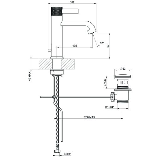 Immagine di Gessi INCISO- miscelatore lavabo H.20 cm, con scarico e flessibili di collegamento, finitura black metal brushed PVD 58001#707