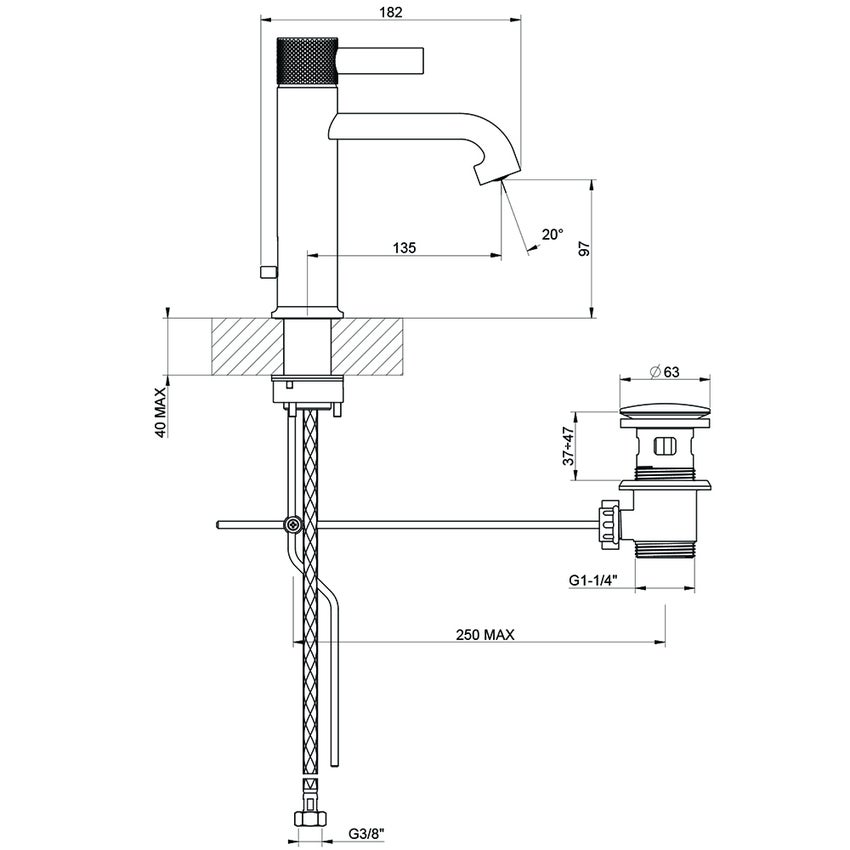 Immagine di Gessi INCISO- miscelatore lavabo H.20 cm, con scarico e flessibili di collegamento, finitura black metal brushed PVD 58001#707