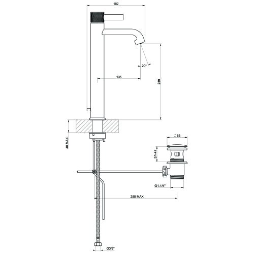 Immagine di Gessi INCISO- miscelatore lavabo H.34 cm, con scarico e flessibili di collegamento, finitura black metal brushed PVD 58003#707