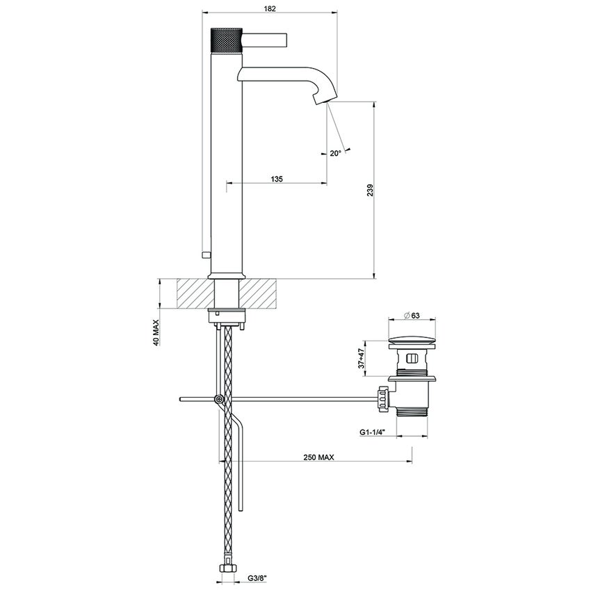 Immagine di Gessi INCISO- miscelatore lavabo H.34 cm, con scarico e flessibili di collegamento, finitura black metal brushed PVD 58003#707