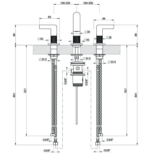 Immagine di Gessi INCISO- gruppo lavabo H.15 cm, tre fori, con scarico e flessibili di collegamento, finitura black metal brushed PVD 58011#707