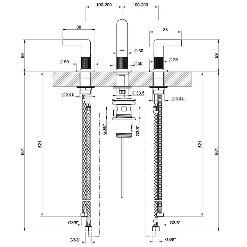 Immagine di Gessi INCISO- gruppo lavabo H.15 cm, tre fori, con scarico e flessibili di collegamento, finitura black metal brushed PVD 58011#707