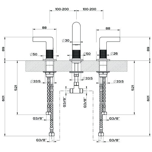 Immagine di Gessi INCISO- gruppo lavabo H.15 cm, tre fori, senza scarico, con flessibili di collegamento, finitura black metal brushed PVD 58012#707