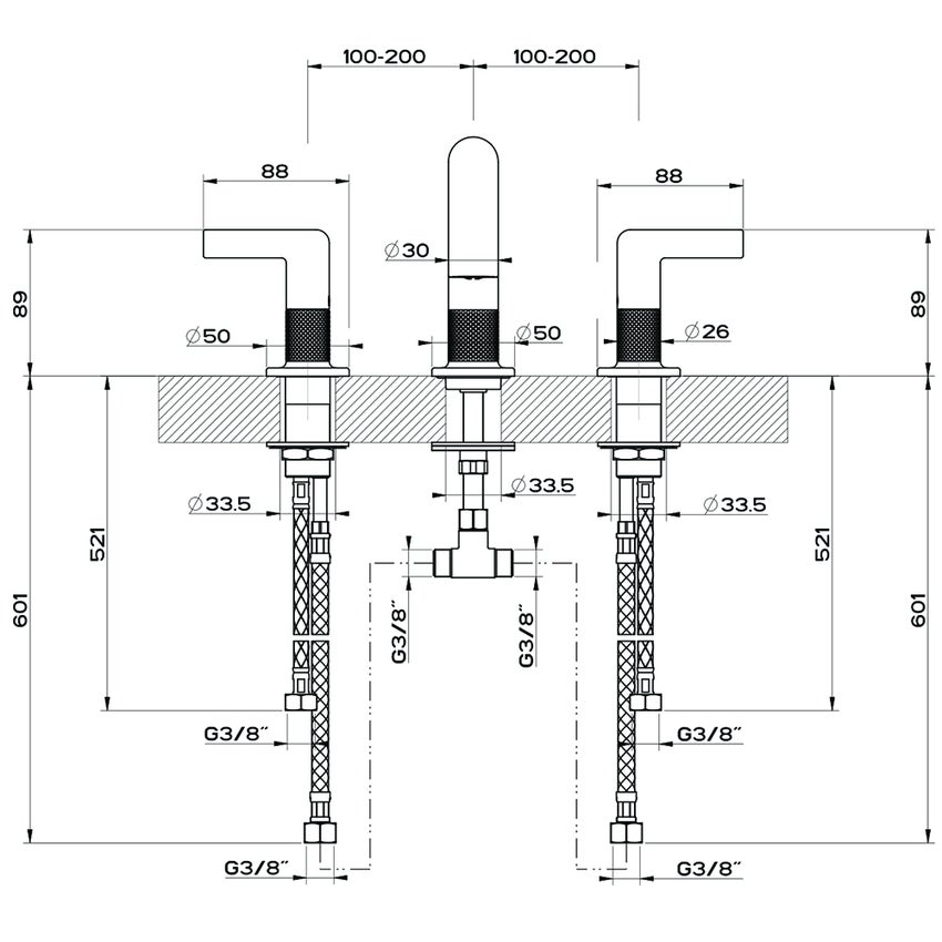 Immagine di Gessi INCISO- gruppo lavabo H.15 cm, tre fori, senza scarico, con flessibili di collegamento, finitura black metal brushed PVD 58012#707