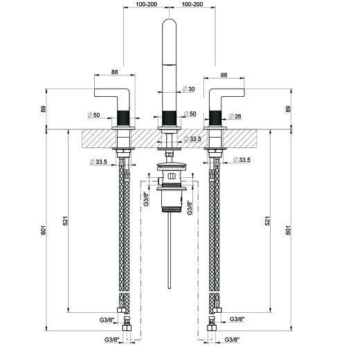 Immagine di Gessi INCISO- gruppo lavabo H.24 cm, tre fori, con piletta Stop&Go e flessibili di collegamento, finitura black metal brushed PVD 58013#031