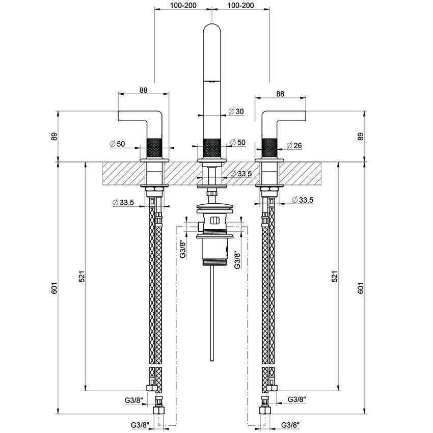 Immagine di Gessi INCISO- gruppo lavabo H.24 cm, tre fori, con piletta Stop&Go e flessibili di collegamento, finitura black metal brushed PVD 58013#031