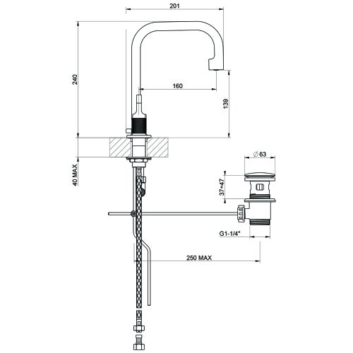 Immagine di Gessi INCISO- gruppo lavabo H.24 cm, tre fori, con piletta Stop&Go e flessibili di collegamento, finitura black metal brushed PVD 58013#031