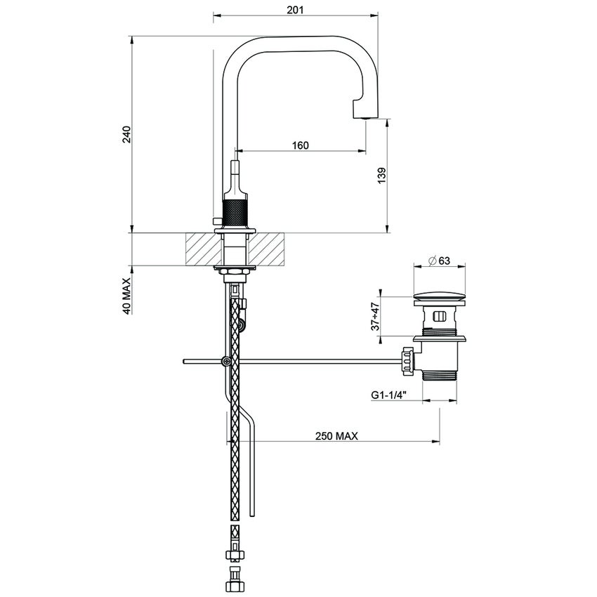 Immagine di Gessi INCISO- gruppo lavabo H.24 cm, tre fori, con piletta Stop&Go e flessibili di collegamento, finitura black metal brushed PVD 58013#031