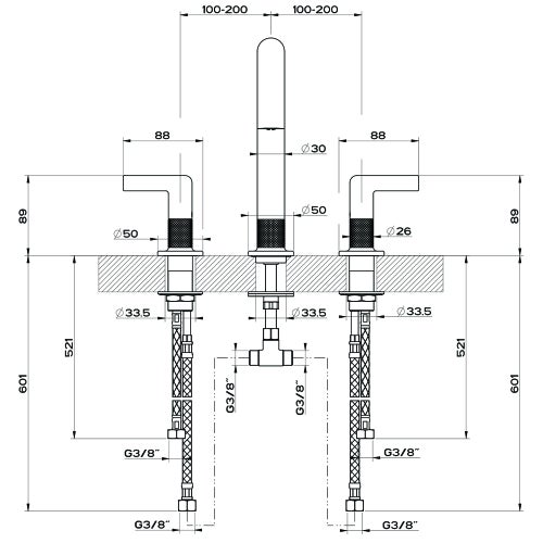 Immagine di Gessi INCISO- gruppo lavabo H.24 cm, tre fori, senza scarico, con flessibili di collegamento, finitura black metal brushed PVD 58014#707