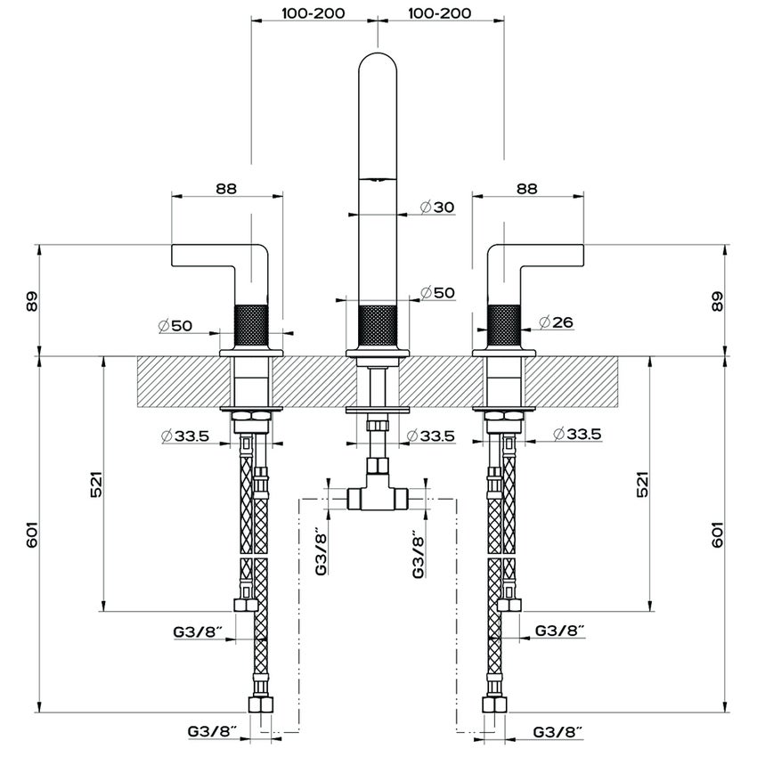 Immagine di Gessi INCISO- gruppo lavabo H.24 cm, tre fori, senza scarico, con flessibili di collegamento, finitura black metal brushed PVD 58014#707