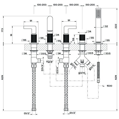 Immagine di Gessi INCISO- gruppo bordo vasca cinque fori, con bocca di erogazione, deviatore, flessibile 150 cm e doccetta anticalcare, finitura black metal brushed PVD 58040#707