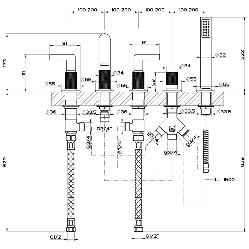 Immagine di Gessi INCISO- gruppo bordo vasca cinque fori, con bocca di erogazione, deviatore, flessibile 150 cm e doccetta anticalcare, finitura black metal brushed PVD 58040#707