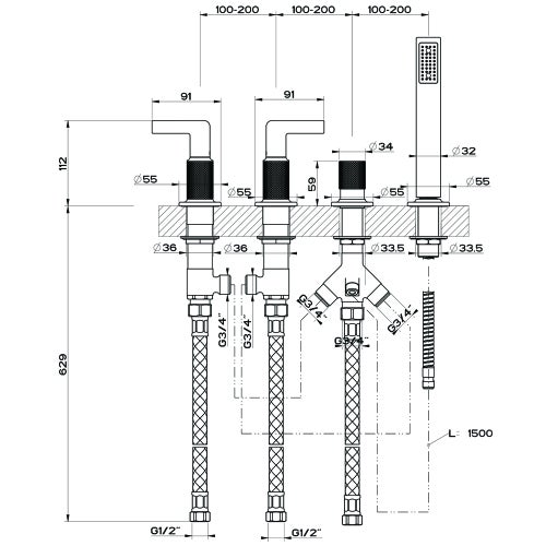 Immagine di Gessi INCISO- gruppo bordo vasca quattro fori, con deviatore, flessibile 150 cm e doccetta anticalcare, erogazione alla colonna vasca, finitura black metal brushed PVD 58043#707