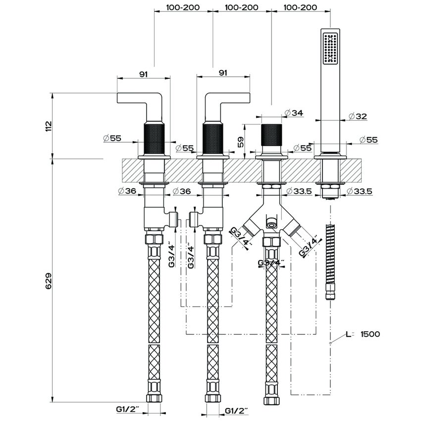 Immagine di Gessi INCISO- gruppo bordo vasca quattro fori, con deviatore, flessibile 150 cm e doccetta anticalcare, erogazione alla colonna vasca, finitura black metal brushed PVD 58043#707