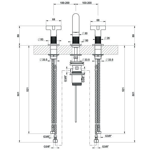 Immagine di Gessi INCISO+ gruppo lavabo H.15 cm, tre fori, con piletta Stop&Go e flessibili di collegamento, finitura cromo 58111#031
