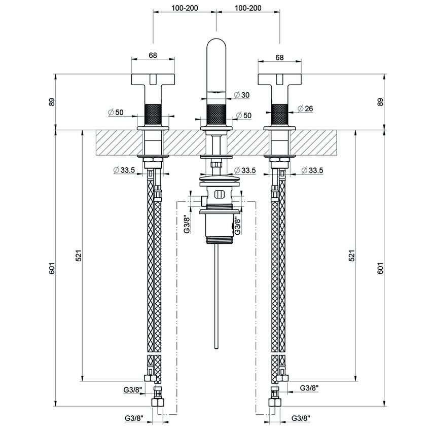 Immagine di Gessi INCISO+ gruppo lavabo H.15 cm, tre fori, con piletta Stop&Go e flessibili di collegamento, finitura cromo 58111#031