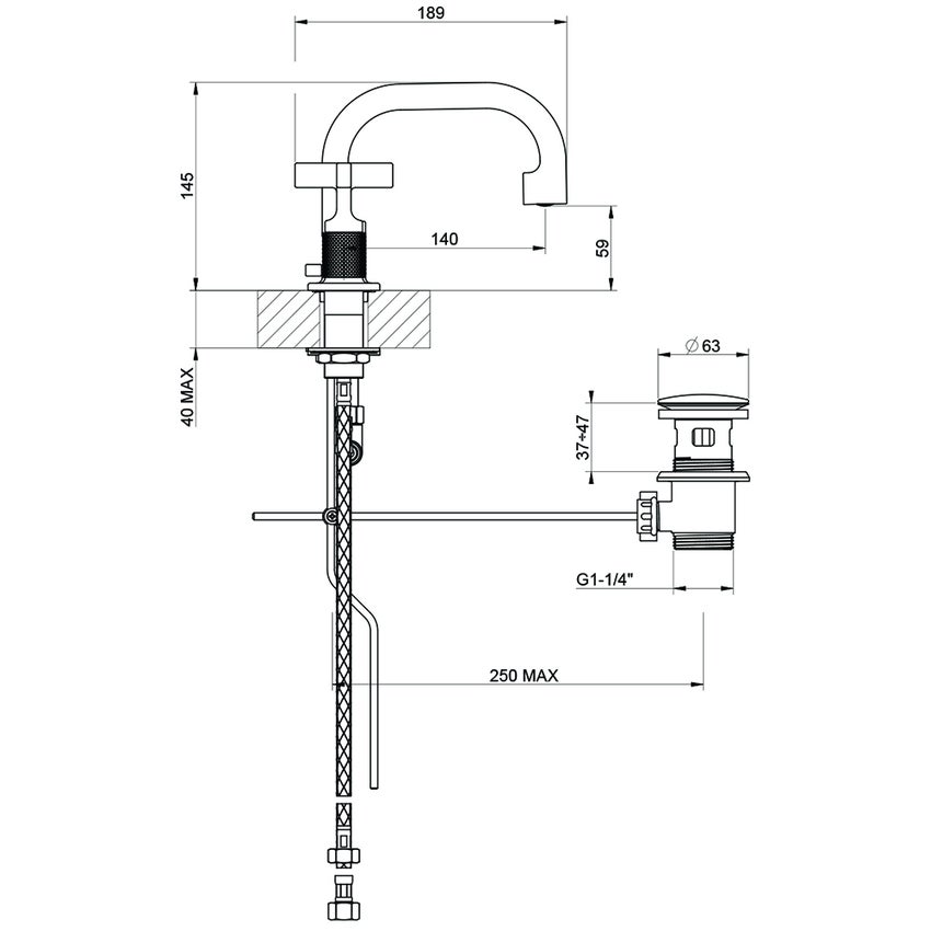 Immagine di Gessi INCISO+ gruppo lavabo H.15 cm, tre fori, con piletta Stop&Go e flessibili di collegamento, finitura cromo 58111#031