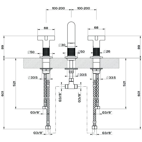 Immagine di Gessi INCISO+ gruppo lavabo H.15 cm, tre fori, senza scarico, con flessibili di collegamento, finitura black metal brushed PVD 58112#707