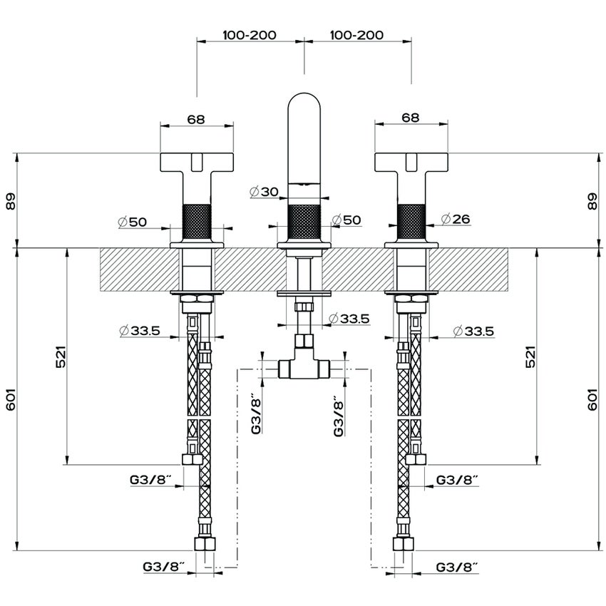 Immagine di Gessi INCISO+ gruppo lavabo H.15 cm, tre fori, senza scarico, con flessibili di collegamento, finitura black metal brushed PVD 58112#707