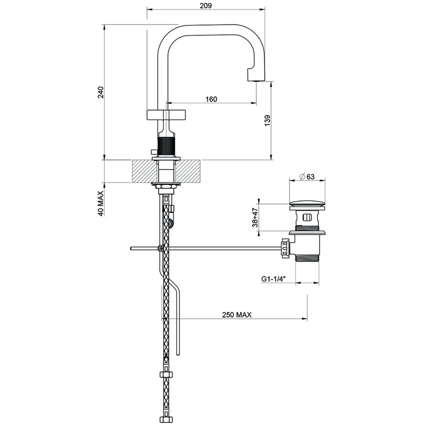 Immagine di Gessi INCISO+ gruppo lavabo H.24 cm, tre fori, con scarico e flessibili di collegamento, finitura black metal brushed PVD 58113#707