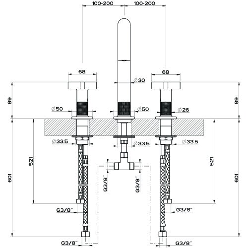 Immagine di Gessi INCISO+ gruppo lavabo H.24 cm, tre fori, senza scarico, con flessibili di collegamento, finitura black metal brushed PVD 58114#707