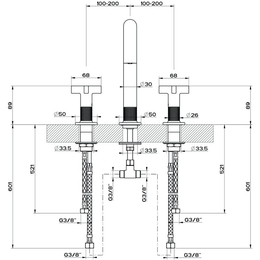Immagine di Gessi INCISO+ gruppo lavabo H.24 cm, tre fori, senza scarico, con flessibili di collegamento, finitura black metal brushed PVD 58114#707