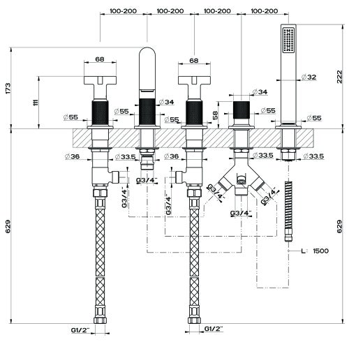 Immagine di Gessi INCISO+ gruppo bordo vasca cinque fori con bocca di erogazione, deviatore, flessibile 150 cm e doccetta anticalcare estraibile, finitura black metal brushed PVD 58140#707