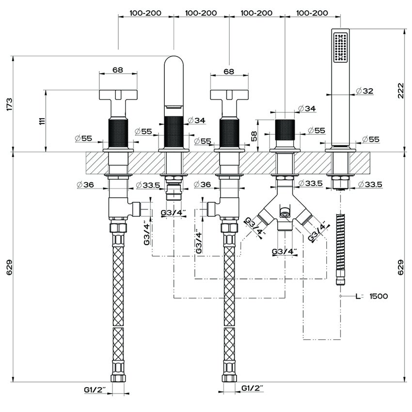 Immagine di Gessi INCISO+ gruppo bordo vasca cinque fori con bocca di erogazione, deviatore, flessibile 150 cm e doccetta anticalcare estraibile, finitura black metal brushed PVD 58140#707