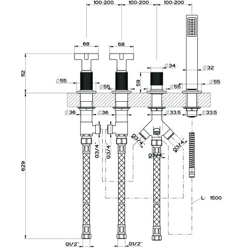 Immagine di Gessi INCISO+ gruppo bordo vasca quattro fori con deviatore, flessibile 150 cm e doccetta anticalcare estraibile, erogazione alla colonna vasca, finitura black metal brushed PVD 58143#707