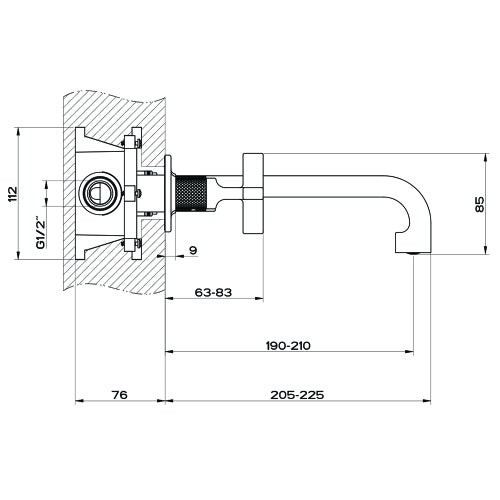 Immagine di Gessi INCISO+ gruppo lavabo P.23 cm, tre fori a parete, senza scarico, finitura brushed brass PVD 58190#727