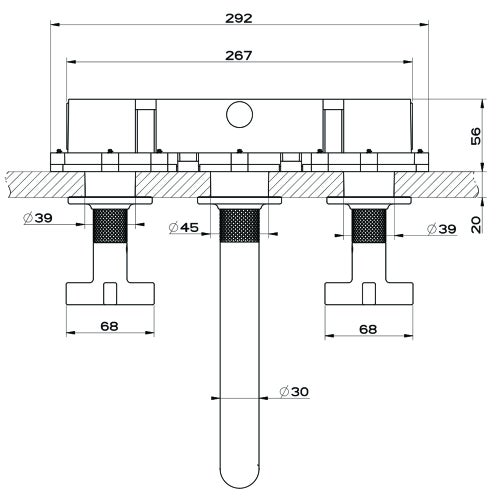 Immagine di Gessi INCISO+ gruppo lavabo P.23 cm, tre fori a parete, senza scarico, finitura brushed brass PVD 58190#727