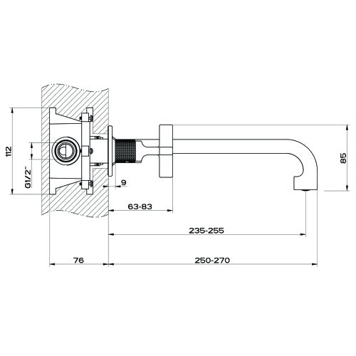 Immagine di Gessi INCISO+ gruppo lavabo P.27 cm, tre fori a parete, senza scarico, finitura black metal brushed PVD 58192#707