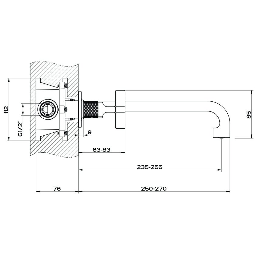 Immagine di Gessi INCISO+ gruppo lavabo P.27 cm, tre fori a parete, senza scarico, finitura black metal brushed PVD 58192#707
