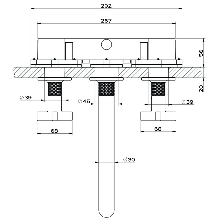 Immagine di Gessi INCISO+ gruppo lavabo P.27 cm, tre fori a parete, senza scarico, finitura black metal brushed PVD 58192#707