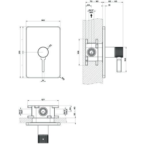 Immagine di Gessi INCISO SHOWER miscelatore a parete, 1 uscita, senza corpo incasso, finitura black metal brushed PVD 58061#707