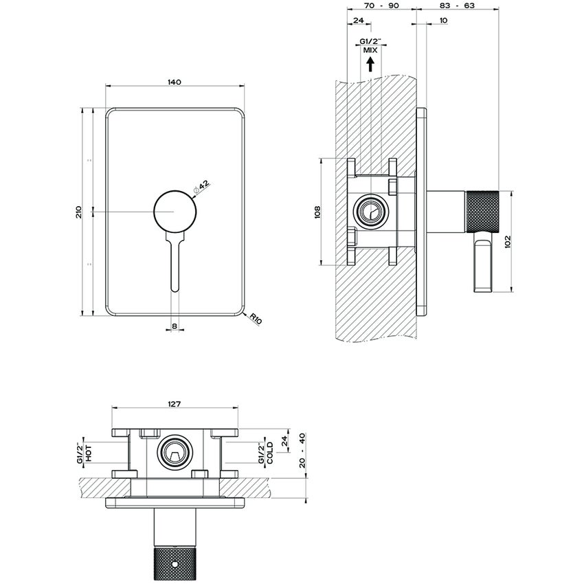 Immagine di Gessi INCISO SHOWER miscelatore a parete, 1 uscita, senza corpo incasso, finitura black metal brushed PVD 58061#707