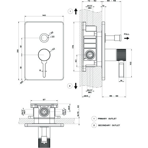Immagine di Gessi INCISO SHOWER miscelatore a parete, 2 uscite con deviatore automatico bagno/doccia, senza corpo incasso, finitura brushed brass PVD 58079#727