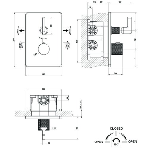 Immagine di Gessi INCISO- miscelatore termostatico a parete per doccia, 2 uscite, senza corpo incasso, finitura black metal brushed PVD 58134#707